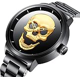 Watch,Mens Fashion Large Face Gold Skull Watch with Bracelet Link Band,Stylish Cool Stainless Steel 98 FT Waterproof Watch for Men