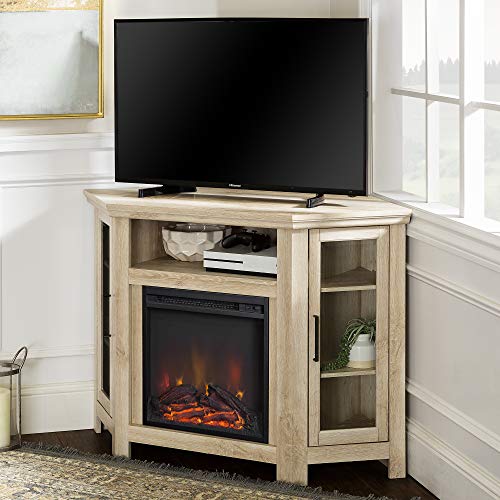 Walker Edison Alcott Classic Glass Door Fireplace Corner TV Stand for