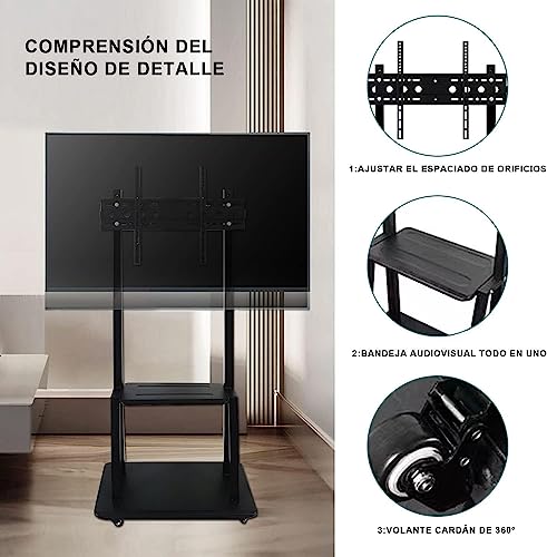 LINK BITS C3275N41 Soporte de TV móvil con Ruedas para televisores 32" a 75", Base para Pantalla de Piso, Giratorio con Dos repisas para monitores de hasta 75kg y VESA de hasta 600x400mm.