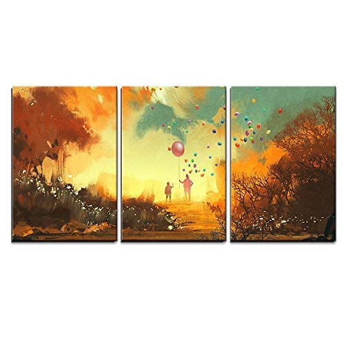 Boy and Magician Holding Balloon Standng on a Path of Fantasy Land Home Art x3 Panels