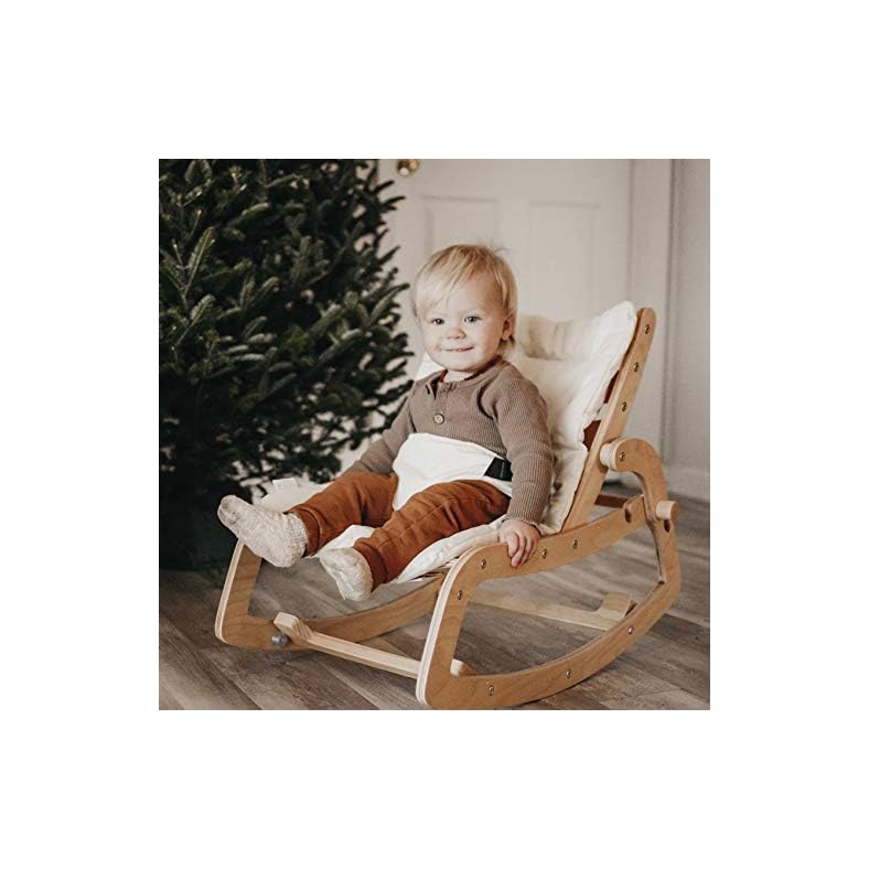 FUNNY SUPPLY Toddler Rocker Multi Baby Wooden Lounge Chair with Cushion Booster Seat Belt 3 in 1 Rocker Chair for Baby