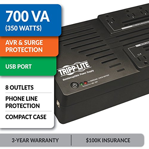 Tripp Lite 700VA UPS Battery Backup, 350W AVR Line Interactive, USB, Ultra-Compact (AVR700U)