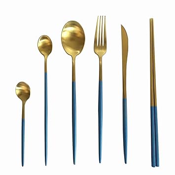 Shiduoli Besteck aus Titan 304 Edelstahl Besteck Steakmesser und Gabel Essstäbchen (Color : Blue)