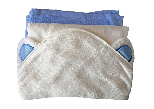 byLora Soft Organic Baby Bamboo Towel and 2 Washcloths Set, Baby Blue Bear Ears, Small