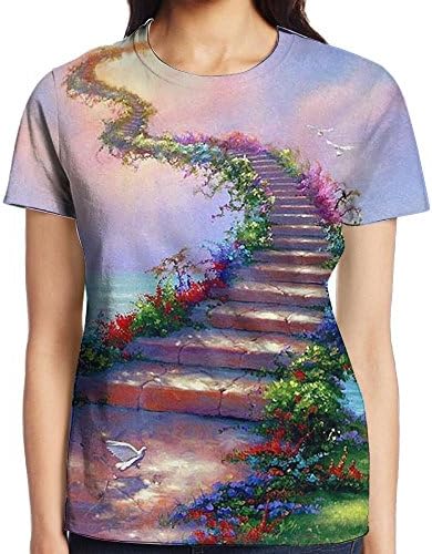 Thirdoone Womens 3D Duplex Printing Stairway To Heaven T-Shirt Pattern Short Sleeve Blouse Round Neck Tee Casual Novelty
