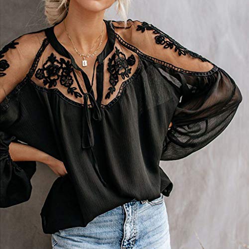 Yezijin Fashion Women Chiffon Lace Hollow Out Solid Blouse Long Sleeve Bandage Tops Sexy Summer Tops 2019 Black - Thumbnail 3