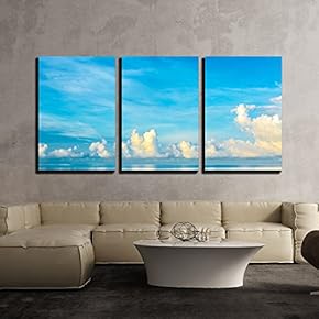 3 Piece Canvas Wall Art - Image of Blue Sea and Cloudy Blue Sky Over It. - Modern Home Art Stretched and Framed Ready to Hang - 16"x24"x3 Panels