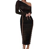 Cigrimi Women's Long Sleeve Mesh Dress - Bodycon Off Shoulder Mesh Ruched Cocktail Club Maxi Dresses