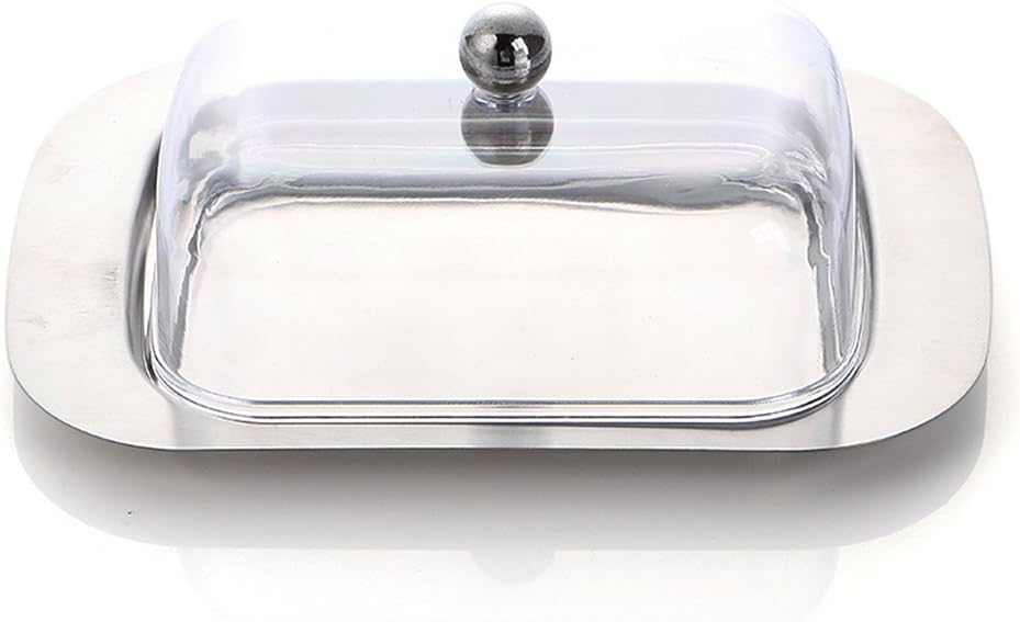 FHCDM Stainless steel butter dish,European rectangular butter box,Butter dish with transparent plastic cover,Suitable for dessert storage container bread tray