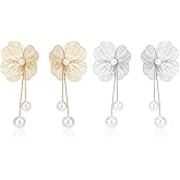 Gold Flower Pearl Dangle Earrings for Women Bohemia Vintage Large Floral Beads Stud Earrings Exaggerated Long Flower Metal Statement Earring Charm Jewelry