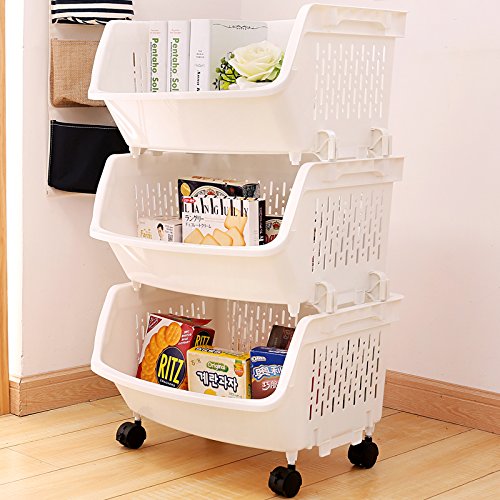 AJ Storage Stacking Bins, Household Kitchen Plastic Stackable Vertical Storage Organizational Bins Vegetable Fruit Food Storage Basket Rack Organizer AJ9001 (3, White) - Thumbnail 5