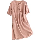Minibee Women's Summer T Shirt Dress V Neck Linen Casual Tunic Short Sleeve Boho Flowy Sun Dresses