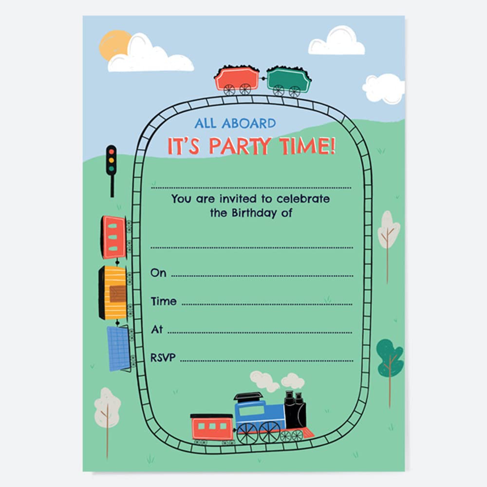 Dotty about Paper Kids Birthday Invitations - Train Track - Pack of 10. Celebration, Family, Friends, Boys, Girls, Classmates, Fun, Children, Locomotive. Envelopes Included. (4034)