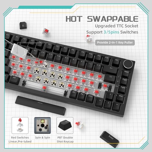 YINDIAO Ajazz AK820 Mechanical Keyboard with CNC Knob Control,75% ANSI Layout,81Keys Gasket Mount Wired Gaming Keyboard,5 Sound Absorbing Foam,Hot-swap Red Switch,White Backlit,for PC,MAC (Black)