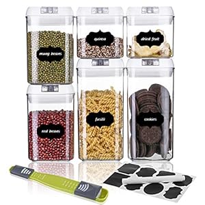SAWAKE Airtight Food Storage Containers with Lids(Set of 6), Kitchen & Pantry Cereal Storage Containers, Plastic BPA Free Ideal for Flour, Rice, Candy,Snacks -10 Labels Reusable & Marker