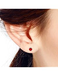 Aretes con broche de talla pequeña, esmaltados color rojo, con forma de escarabajo o mariquita, de plata de ley 925.