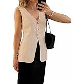 Melliflo Womens Summer Long Linen Vest Casual Sleeveless V Neck Button Down Tops Casual Summer Vest with Pocket