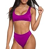 Dixperfect Two Pieces Bikini Sets Swimsuit Low Scoop Crop Top High Waisted Cheeky Bottom (L, Hot Pink)
