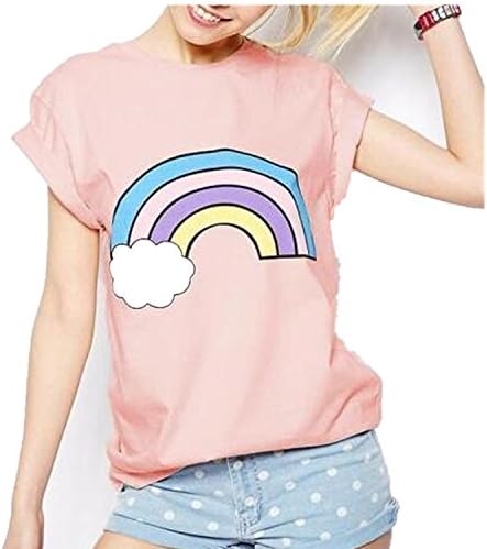 Wiipu Women's Rainbow print cotton cute pink t-shirts tees camisetas tops(J814)-Small Pink