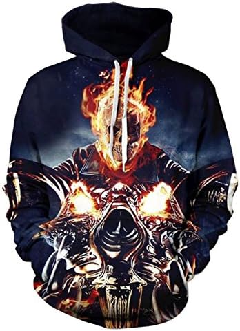 Unisex Pullovers Motorcycle Skull in Fire Printed Hoodie Hip Hop Hooded Sweatshirt