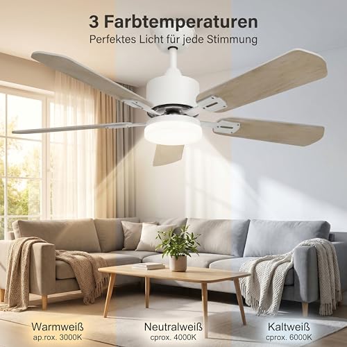 YuYe Ceiling Fan with Lighting, 3 Color Temperatures and 6 Speed, LED Ceiling Fan with Lamp, App Control/Remote Control, Timer (White, 108CM)