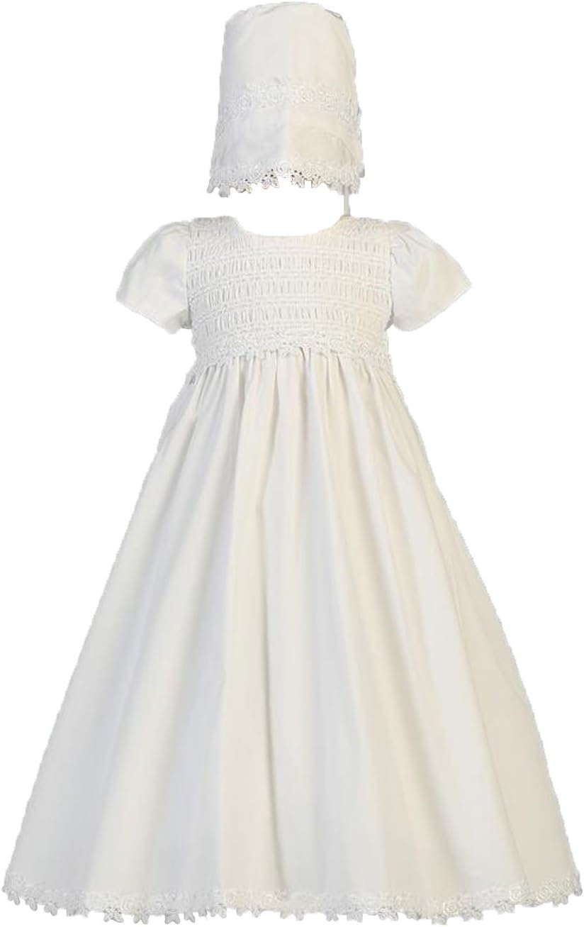 Baby Girl White Cotton Smocked Gown Christening Baptism Hat Set