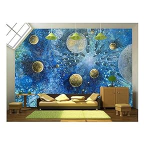Abstract Picture Showing Lots of Planet-Like Objects in Blue and Green Structured Cosmic Ambiance - Removable Wall Mural | Self-Adhesive Large Wallpaper - 66x96 inches