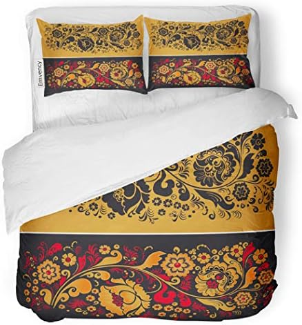 SanChic Duvet Cover Set Red Pattern in of Russian National Tradition Yellow Decorative Bedding Set with 2 Pillow Cases Full/Queen Size