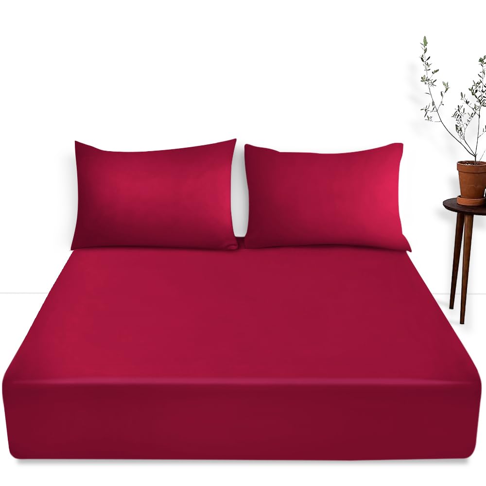 Easy Care Plain Dyed Fitted Bed Sheet - 16” / 40 cm Deep Pocket Bedsheet With Elastic Corners - Breathable & Comfy Bedding Sheet Red, Single
