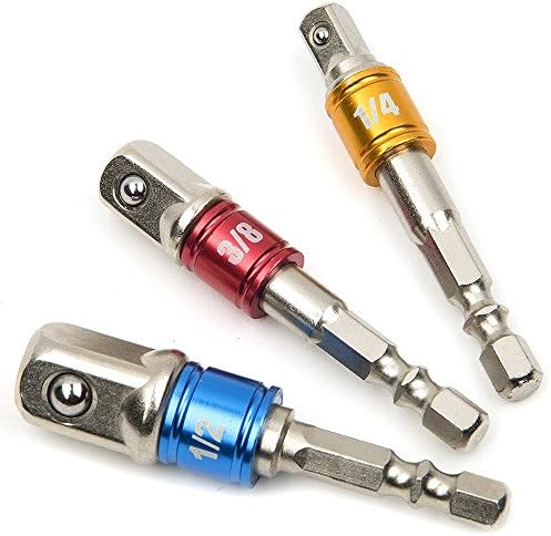 Sokam 1/4" 3/8" 1/2" Hex Square Nut Driver Power Drill Impact Socket Extension Bit Adapter Set (3Pcs-colour )