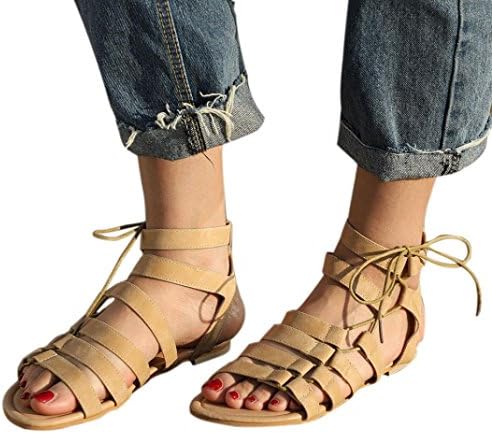 Women Bohemia Sandals Size 5-9 Lace Up Flats Shoes Low Heel Strap Slippers Pointed Toe Wedge Hemlock (US:6.5, Khaki)
