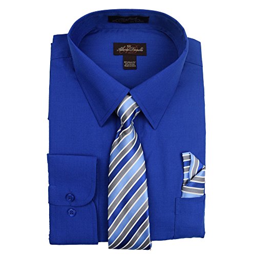 Alberto Danelli Men's Slim Fit Long Sleeve Dress Shirt Set with Matching Tie and Handkerchie Set, Royal, Medium 15 32/33