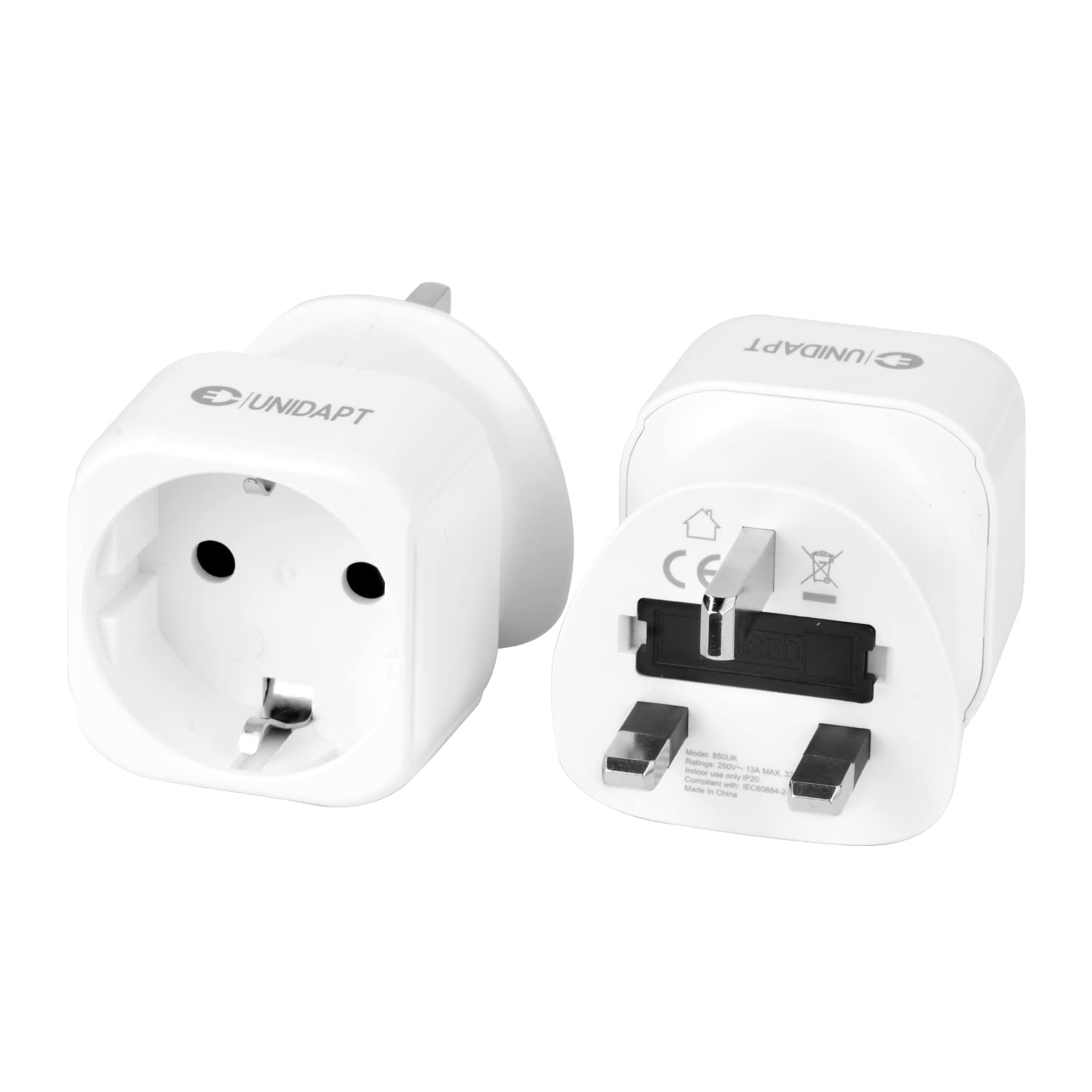 2 Pack EU to UK Plug Adapter, Unidapt European to UK Plug Adaptor, Euro Schuko 2 pin to 3 pin Adapter plug, Travel Adaptors, Europe German French Spanish Polish Turkish to British Adapter, Type G