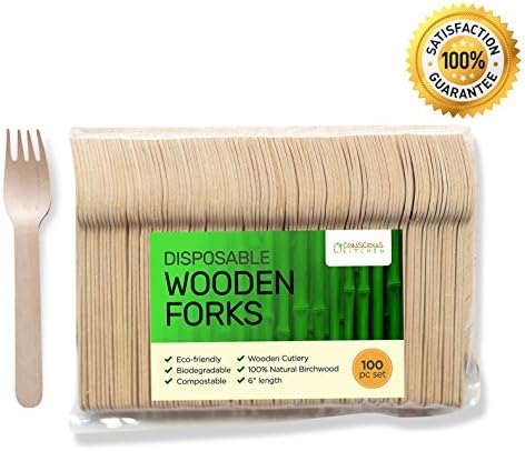Premium Disposable Wooden Forks - 6" Length Eco-Friendly, Biodegradable, Compostable 100% Natural Birchwood (Pack of 100)