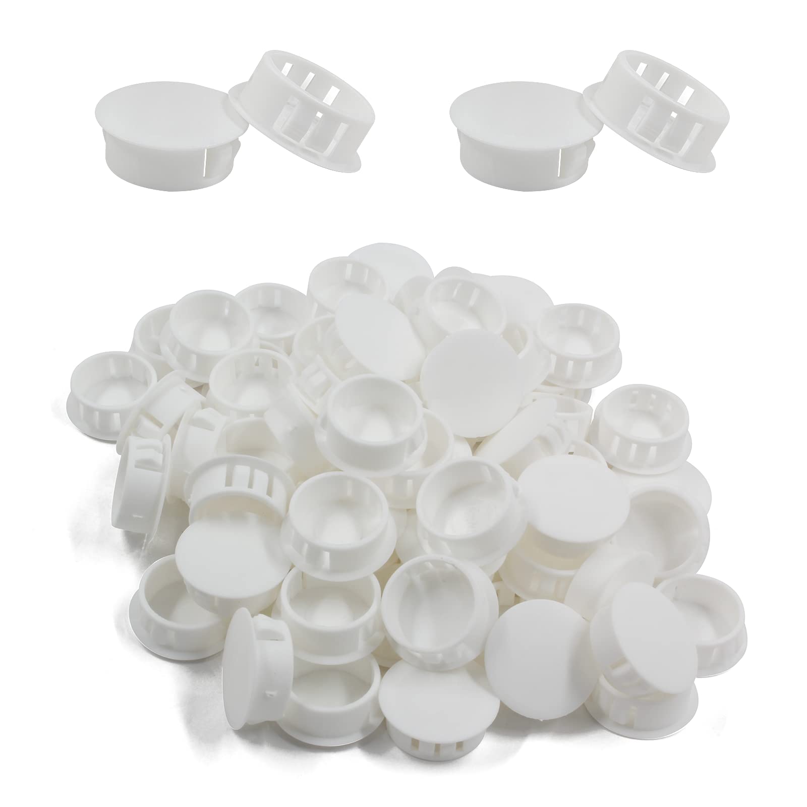 Cjueiom 60pcs 25mm / 1" Hole Plugs White Plastic Hole Covers, Flush Type Drill Hole Cover Caps Snap in Locking Blanking Cap, Post Pipe Insert Screw Hole Cover for Kitchen Cupboard Cabinet Shelf