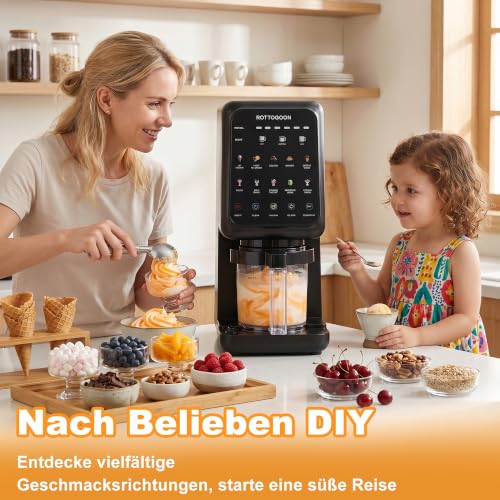 ROTTOGOON Ice Cream Maker with 3 Cups, 10 Programmes for Ice Cream, Sorbet Gelato & Frozen Yogurt, 2-in-1 Flavour Option, Soft Ice Cream Machine for Home with Mix In Function & Automatic Cleaning