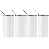 PYD Life 4 Pack Sublimation Blanks Tumblers Straight Fatty 20 OZ White | Double-Wall Stainless Steel Coffee Cups with Lid and