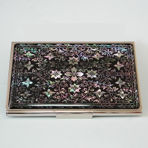 Antique Alive Mother of Pearl Arabesque Design Metal Business Credit Stainless Steel Engraved Slim Money Wallet (B123)