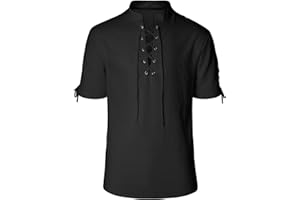 Teyujosem Men's Pirate Shirt Renaissance Medieval Viking Shirt Linen Short Sleeve Lace Up Top Halloween Costume