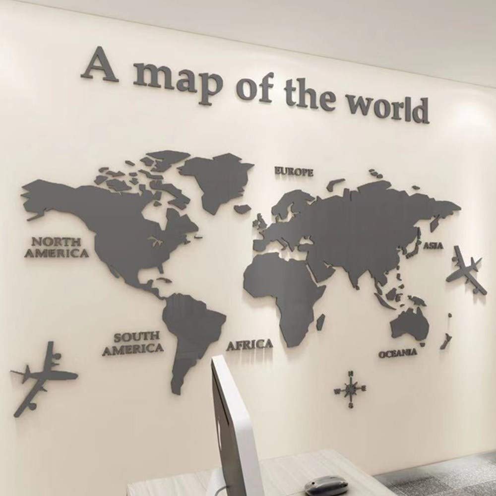 3D World Map Stickers Wall Decoration Art Sticker for Office Study Living Room Bedroom Sofa Background Room Decor Wall Decals Stickers (120 * 60cm, Gray)