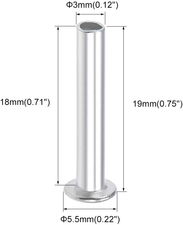 sourcing map 100 Pcs 3mm x 18mm Aluminum Flat Head Semi-Tubular Rivets Silver Tone, M3 x 18mm - Image 3