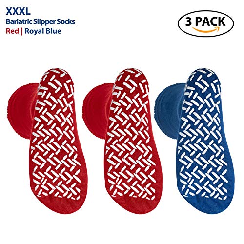 Pack of 3 Pairs - XXXL Non-Skid Bariatric Extra Wide Slipper Socks for People with Diabetes/Edema (2 Pairs of Red 1 Pair of Blue)