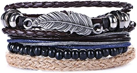 Jenhianeck Punk Alloy Feather Bead Wax Rope Bangle Wristband Bracelet With Leather(JHK.1)