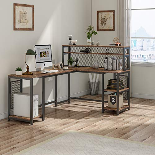 Tribesigns 67" Reversible Large Computer Desk with Hutch, Office Desk Study Table Writing Desk Workstation with 5 Storage Shelves 2 Tier Bookshelf for Home Office (Rustic Brown) - Image 3