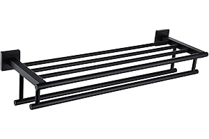 KOKOSIRI Bath Towel Rack with Double Towel Bars Bathroom Towel Shelf 24 Inch Towel Holder Wall Mounted Stainless Steel, Matte Black, B6005BK-L24