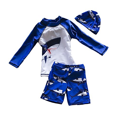 Coralup Boys 3pcs(Swimsuits,Pants,Cap)Shark Swimwear,Deep-Blue,5/6Y