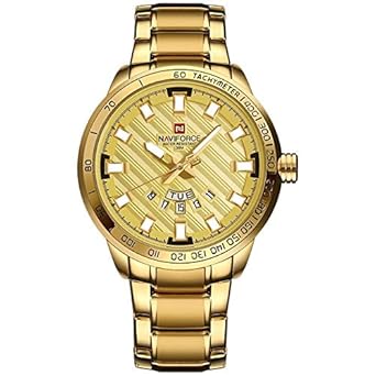 NAVIFORCE Japanese Quartz Stainless Steel Week Calendar Waterproof Wrist Watch for Men 9090 - Gold