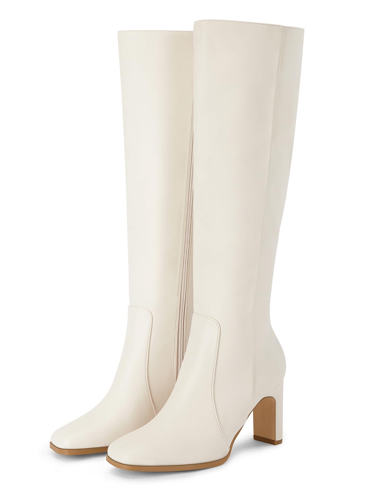 Coutgo Womens Square Toe Knee High Boots Wide Calf Chunky Heel Fashion ...