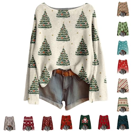 Women's Christmas Jumpers Funny Xmas Tree Santa Print Ladies Christmas Knitwear Sweater Winter Comfy Casual Pullover for Holiday Party