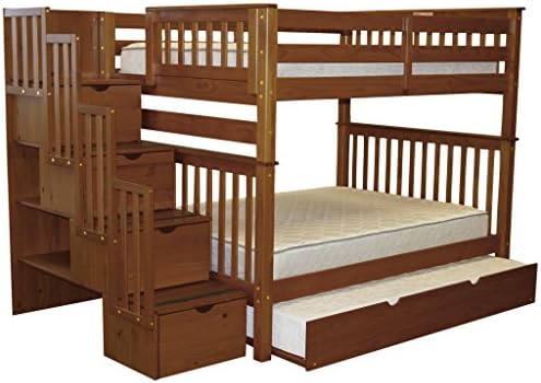 Bedz King Stairway Bunk Bed Full over Full with 4 Drawers in the Steps and a Full Trundle, Espresso